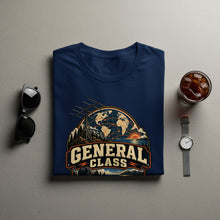 Load image into Gallery viewer, Navy t-shirt with a graphic featuring a globe, radio tower, and sunset.