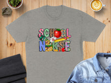 Load image into Gallery viewer, "SCHOOL NURSE" text in colorful, patterned block letters with school supplies.