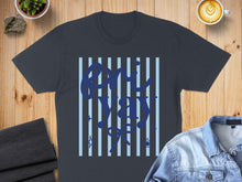 Load image into Gallery viewer, Dark gray t-shirt with "Eric, Yay!" text on striped background.