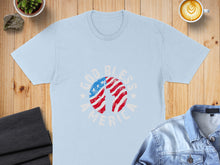 Load image into Gallery viewer, Light blue t-shirt with "God Bless America" and a distressed flag design.