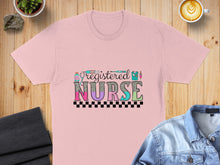 Load image into Gallery viewer, Pink t-shirt with "Registered Nurse" text and medical icons.