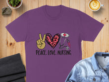 Load image into Gallery viewer, Purple t-shirt with "Peace. Love. Nursing." text, leopard print heart, stethoscope, and nurse cap.