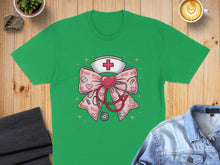 Load image into Gallery viewer, Green t-shirt with pink stethoscope, heart, and nurse cap graphic.