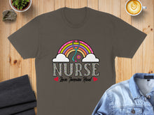Load image into Gallery viewer, Brown t-shirt with "NURSE Love Inspire Heal" text and rainbow stethoscope graphic.
