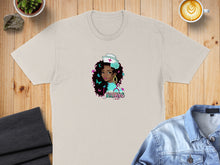 Load image into Gallery viewer, Nurse graphic on a light tan t-shirt with butterflies, flowers, and stethoscope.