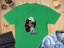 Load image into Gallery viewer, Green t-shirt with graphic of a nurse with butterflies and text "ER Nurse".