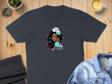 Load image into Gallery viewer, T-shirt with nurse graphic featuring a woman with dark curly hair and stethoscope.