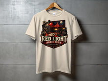 Load image into Gallery viewer, Cream t-shirt with "RED LIGHT RADIO CLUB ON AIR AFTER DARK" graphic.