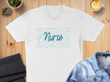Load image into Gallery viewer, White t-shirt with "NURSE" in light blue outline text, flat lay.