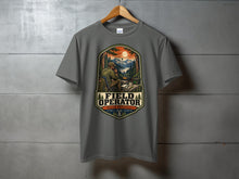 Load image into Gallery viewer, Gray t-shirt with "Field Operator Shack Optional" graphic of a man with radio in nature.