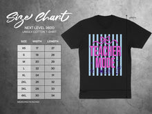 Load image into Gallery viewer, Unisex t-shirt size chart with "Teacher Mode" graphic.
