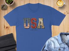Load image into Gallery viewer, Blue t-shirt with "USA" and "EST. 1776" in distressed American flag font.