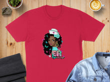 Load image into Gallery viewer, Red t-shirt with illustration of a nurse surrounded by butterflies and the word "nurse".