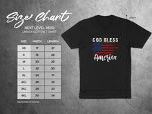 Load image into Gallery viewer, Next Level 3600 unisex cotton t-shirt size chart with measurements.