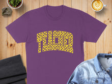 Load image into Gallery viewer, Purple t-shirt with yellow checkered "TEACHER" graphic.