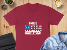 Load image into Gallery viewer, Maroon t-shirt with "Proud Mom of a US Soldier" in red, white, and blue design.