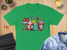 Load image into Gallery viewer, Green t-shirt with colorful cartoon nursing-themed drinks and supplies.