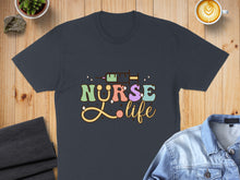 Load image into Gallery viewer, Dark t-shirt with "Nurse Life" text and syringe graphic.