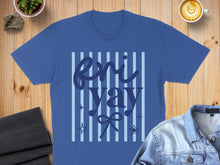 Load image into Gallery viewer, Blue t-shirt with "Fri Yay" text and stripes, set on a wooden surface.