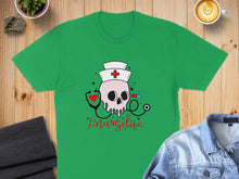 Load image into Gallery viewer, Green t-shirt with #nurserlife graphic featuring a skull, stethoscope, and caduceus.