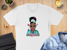 Load image into Gallery viewer, T-shirt graphic of a Black nurse surrounded by butterflies, with "CNA LIFE" text.
