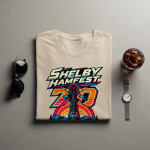 Load image into Gallery viewer, T-shirt with "SHELBY HAMFEST 70" graphic featuring a tower and mountains.