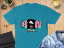 Load image into Gallery viewer, Teal t-shirt with a graphic of a nurse and the words "RN Registered nurse".