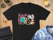Load image into Gallery viewer, Black t-shirt featuring "Future Nurse" text with medical icons and a flower design.