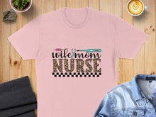 Load image into Gallery viewer, Pink t-shirt with "Wife Mom Nurse" in leopard print and medical icons.
