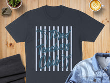 Load image into Gallery viewer, Dark gray t-shirt with "Tired Teachers Club" text on striped background.