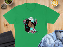 Load image into Gallery viewer, Green t-shirt with illustration of Black nurse with butterflies and text "Black Nurse Magic".