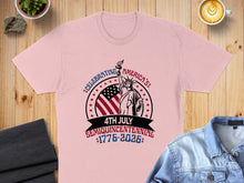 Load image into Gallery viewer, Pink t-shirt with "Celebrating America's Semiquincentennial 1776-2026" text and Statue of Liberty graphic.