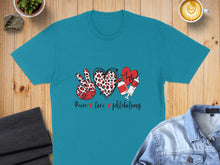 Load image into Gallery viewer, Teal t-shirt with "Peace love phlebotomy" and medical symbols.