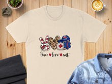 Load image into Gallery viewer, Peace love EMT text with heart, leopard print, and medical cross graphics.