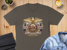 Load image into Gallery viewer, 250th Anniversary USA patriotic emblem with eagle and flag on a t-shirt.