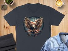 Load image into Gallery viewer, Dark t-shirt with a distressed American flag eagle graphic.