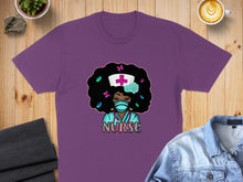 Load image into Gallery viewer, Purple t-shirt with cartoon nurse graphic featuring afro, butterflies, and mask.