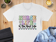 Load image into Gallery viewer, Nurse Life Is The Best Life text with colorful flowers and checkerboard pattern.