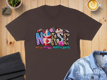 Load image into Gallery viewer, Brown t-shirt with "Nurse" design featuring coffee, stethoscope, and scrubs.