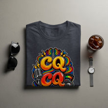 Load image into Gallery viewer, Dark grey t-shirt with "CQ CQ" design, vintage microphone, radio dial, and rainbow background.