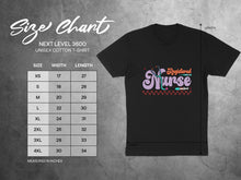 Load image into Gallery viewer, Unisex cotton t-shirt size chart with measurements for width and length.