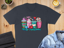 Load image into Gallery viewer, T-shirt with cartoon nurse practitioner theme, featuring coffee cups, medical items, and text.
