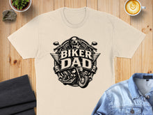 Load image into Gallery viewer, Cream t-shirt with "Biker Dad" skull and motorcycle graphic.