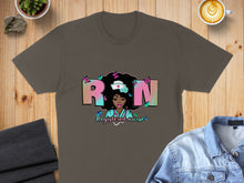 Load image into Gallery viewer, Brown t-shirt with "RN Registered Nurse" graphic featuring a woman with butterflies.