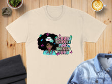 Load image into Gallery viewer, Cream t-shirt with "Scrubs Coffee and Messy Buns" text and a nurse illustration.