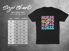 Load image into Gallery viewer, Next Level 3600 unisex cotton t-shirt size chart with measurements and graphic tee.