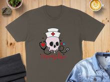 Load image into Gallery viewer, Skull nurse with stethoscope and "Nurse Life" text on brown t-shirt.