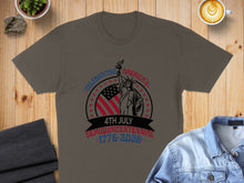 Load image into Gallery viewer, Dark grey t-shirt with "Celebrating America's 4th July Semiquincentennial 1776-2026" text and Statue of Liberty graphic.