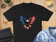 Load image into Gallery viewer, Black t-shirt with a distressed American flag eagle design.