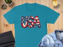 Load image into Gallery viewer, Teal t-shirt with USA flag letters.
